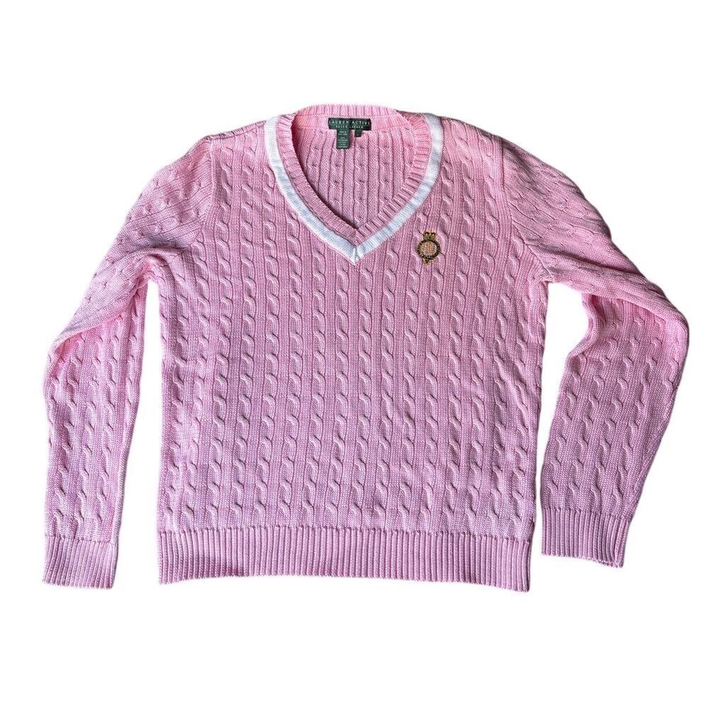 Active Ralph Lauren Pink Cable Knit V-Neck Sweater Embroidered Crest Preppy